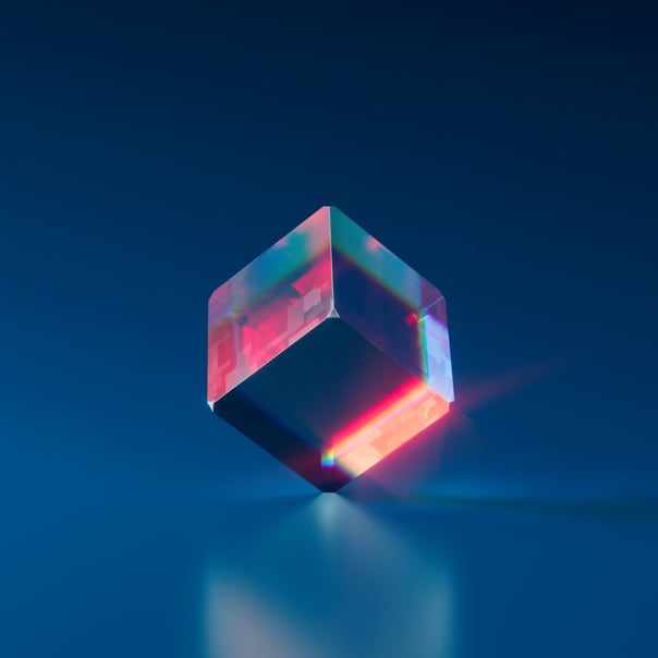 3-D crystal cube with red and cyan lighting